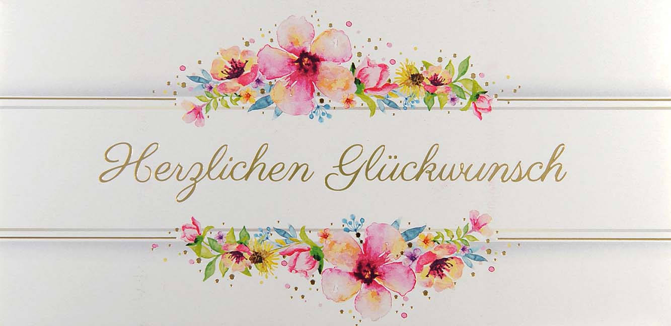 Blumige Glückwunschkarte im DIN lang Format mit Aquarellblumen und "Herzlichen Glückwunsch" in edler Goldfolienprägung.