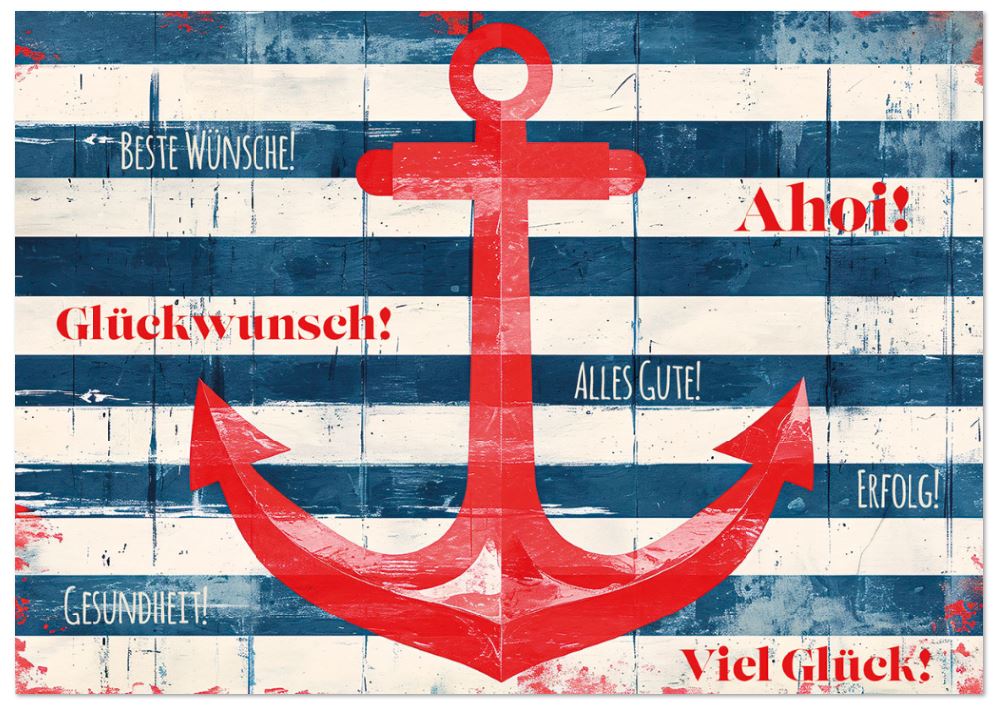 Maritime Firmenglückwunschkarte "Ahoi!" mit blau-weißen Linien und rotem Anker