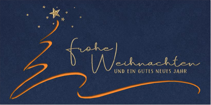 Moderne Weihnachtskarte in blau mit Laserstanzung und Einlegeblatt in orange