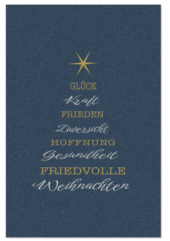 Blaue Weihnachtskarte mit Friedenbotschaft und Gruß "Friedvolle Weihnachten", inkl. Einleger