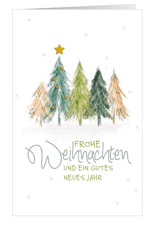 Spendenweihnachtskarte mit grünen Tannen und geschmücktem Weihnachtsbaum für Ärzte ohne Grenzen