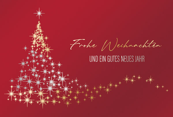 Rote Weihnachtskarte mit Sternenbaum in gold und silber sowie Weihnachtsgruß, inkl. Einleger