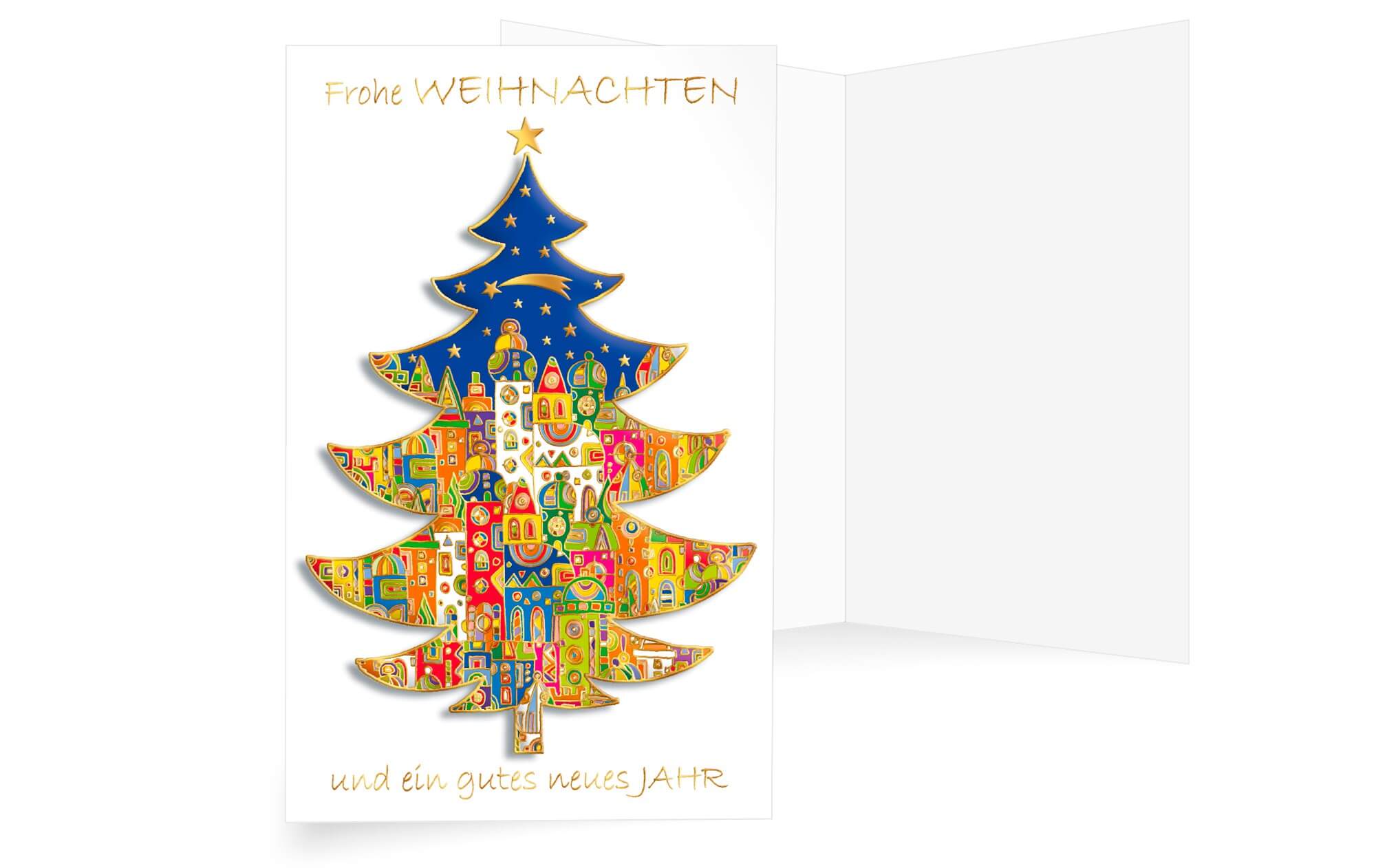 Farbenfrohe Weihnachtskarte mit unzählingen, orientalischen Häusern in einem Weihnachtsbaum.