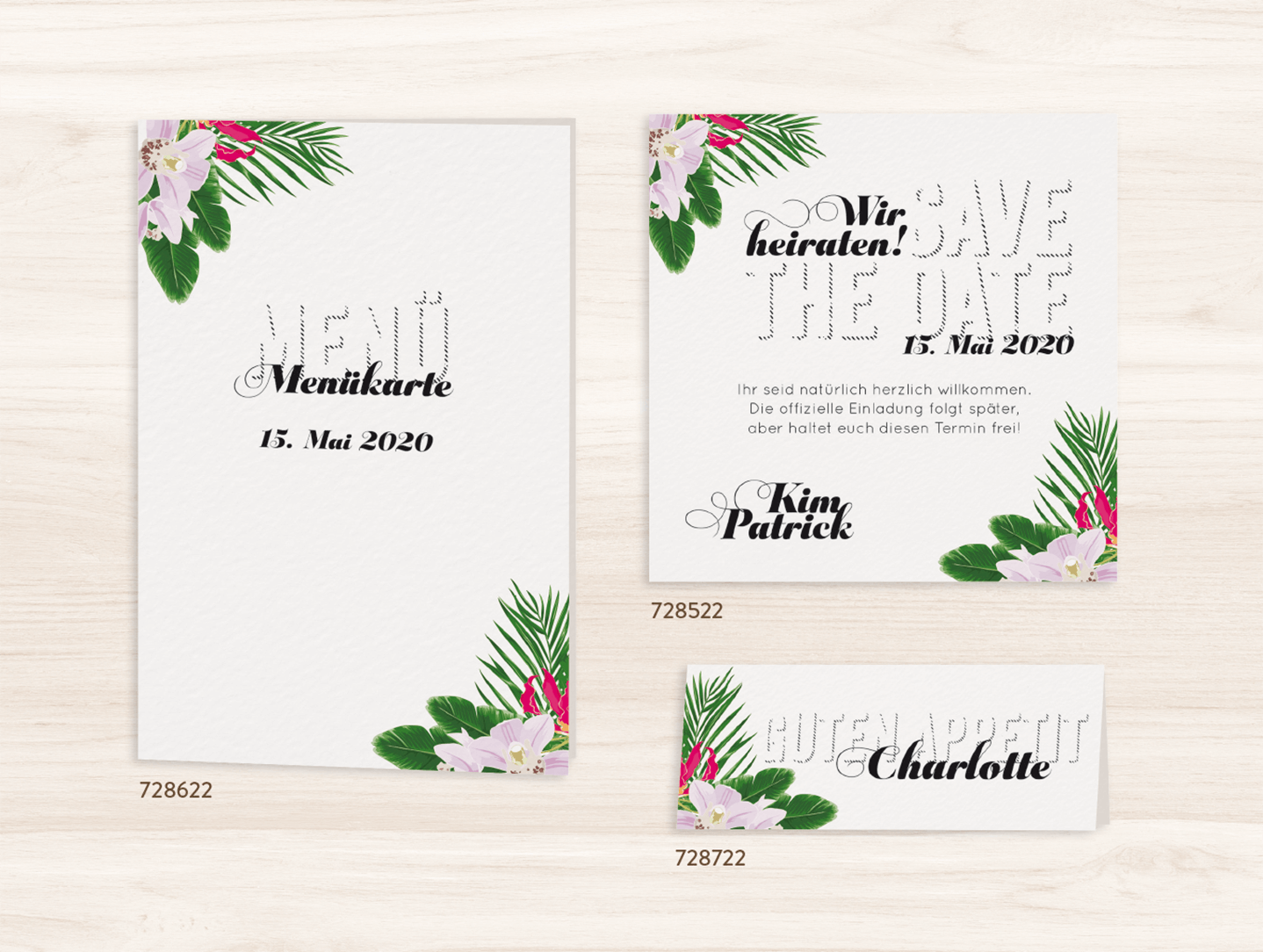 Menükarte, Tischkarte und Save the Date Karte / Dankkarte in creme mit tropischen Pflanzen