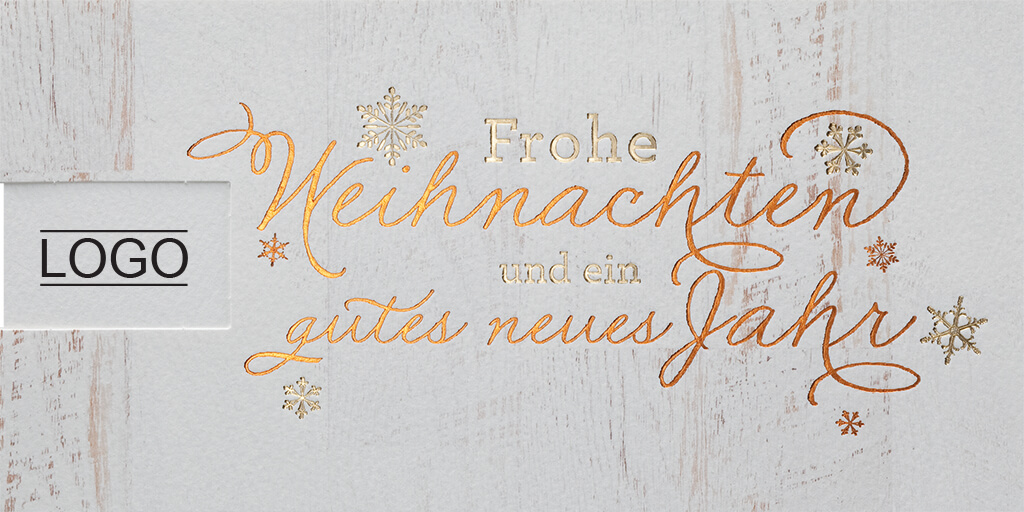 Rustikale Weihnachtskarte, DIN lang mit Logofenster und Weihnachtsgruß in gold und kupfer