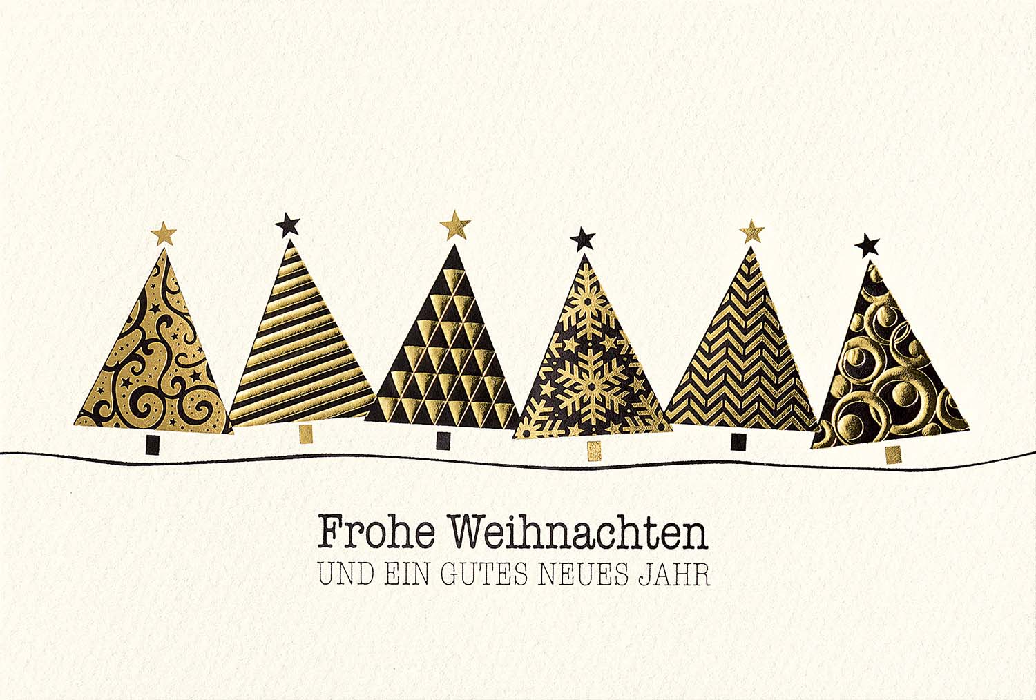 Cremeweiße Weihnachtskarte mit modernen Weihnachtsbäumen mit unterschiedlichen Füllungen in schwarzer und goldener Folienprägung