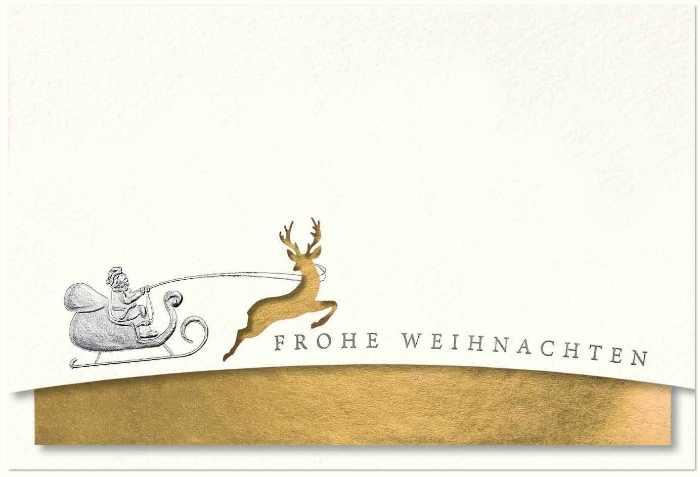 Naturweiße Weihnachtskarte mit springendem Hirsch, Stanzung und goldfarbenem Einleger