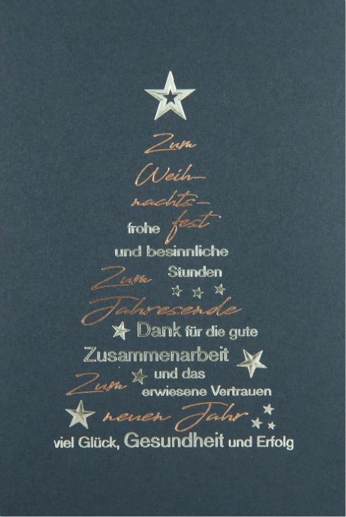 Firmenweihnachtskarte in blau mit Kupfer- und Silberfolienprägung geschäftlicher Weihnachtsgrüße