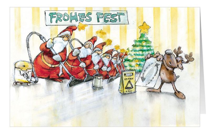 Lustige Weihnachtskarte für Reinigunsservice, Putzfirmen, Raumpfleger mit "Frohes Fest"