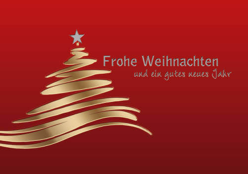 Rote Weihnachtskarte mit goldenem Baum und Weihnachtsgrüßen in silber