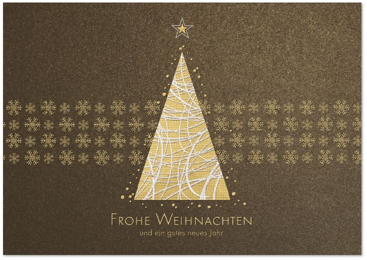 Exclusiver Weihnachtsgruß in bronze-metallic mit Pyramidenbaum und Eiskristallen, inkl. Einleger