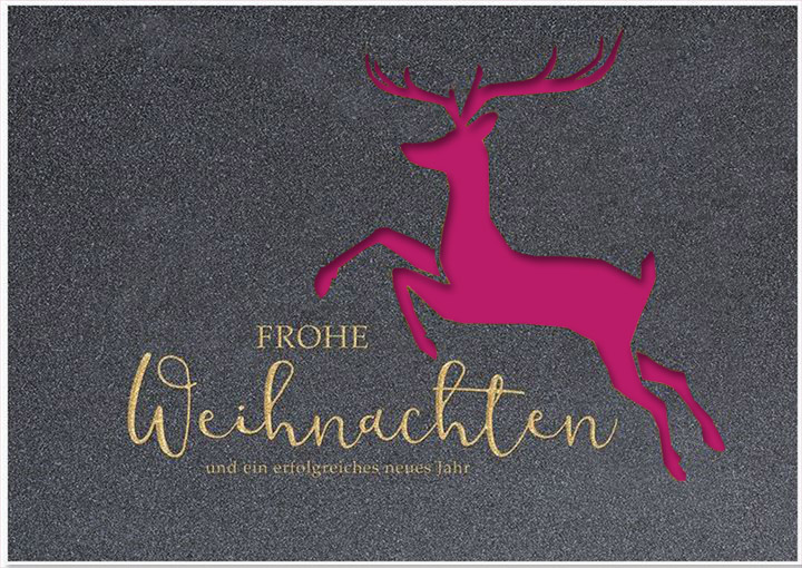 Firmengrußkarte mit Stanzung eines Hirsches, Weihnachtsgrüße in gold und pinkem Einleger