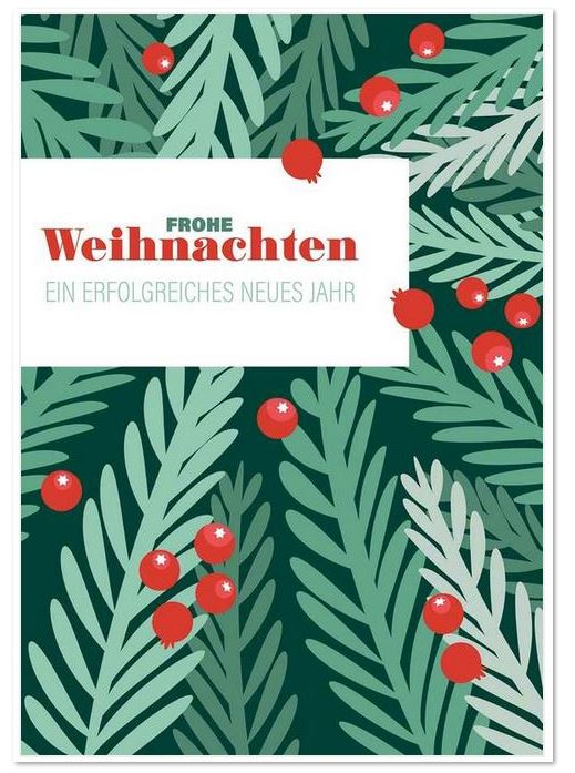 Firmen-Weihnachtskarte "Frohe Weihnachten - Ein erfolgreiches neues Jahr" mit roten Beeren auf Zweigen