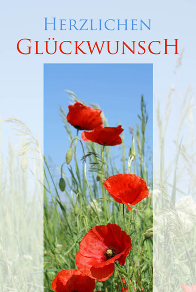 Glückwunschkarte mit rotem Klatschmohn in einer Wiese