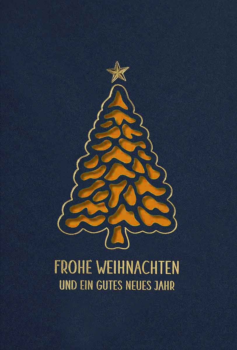 Blaue Weihnachtskarte mit orangenem Einlegeblatt, Stanzung und eldler Goldfolienprägung