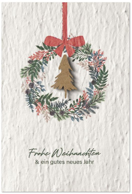 Samenpapier-Weihnachtskarte mit Baumapplikation und floralem Kranz, inkl. Einlegeblatt