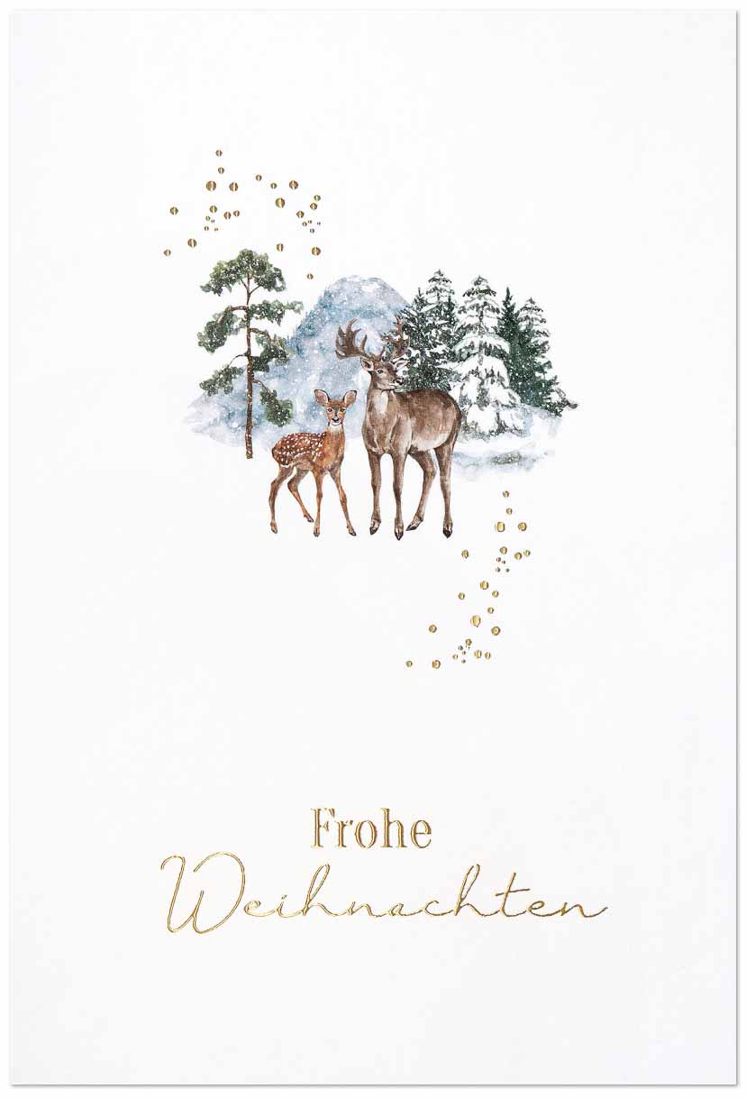 Weihnachtskarte mit "Frohe Weihnachten" in gold sowie prächtigem Hirsch mit Rehkitz