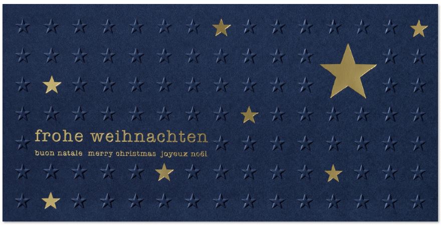 Internationale Weihnachtskarte in blau mit Blind- und goldgeprägten Sternen, inkl. Einlegeblatt