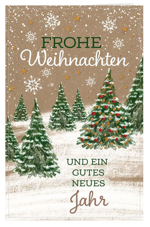 Braune Weihnachtskarte mit Tannenwald und geschmücktem Weihnachtsbaum sowie Weihnachtsgruß