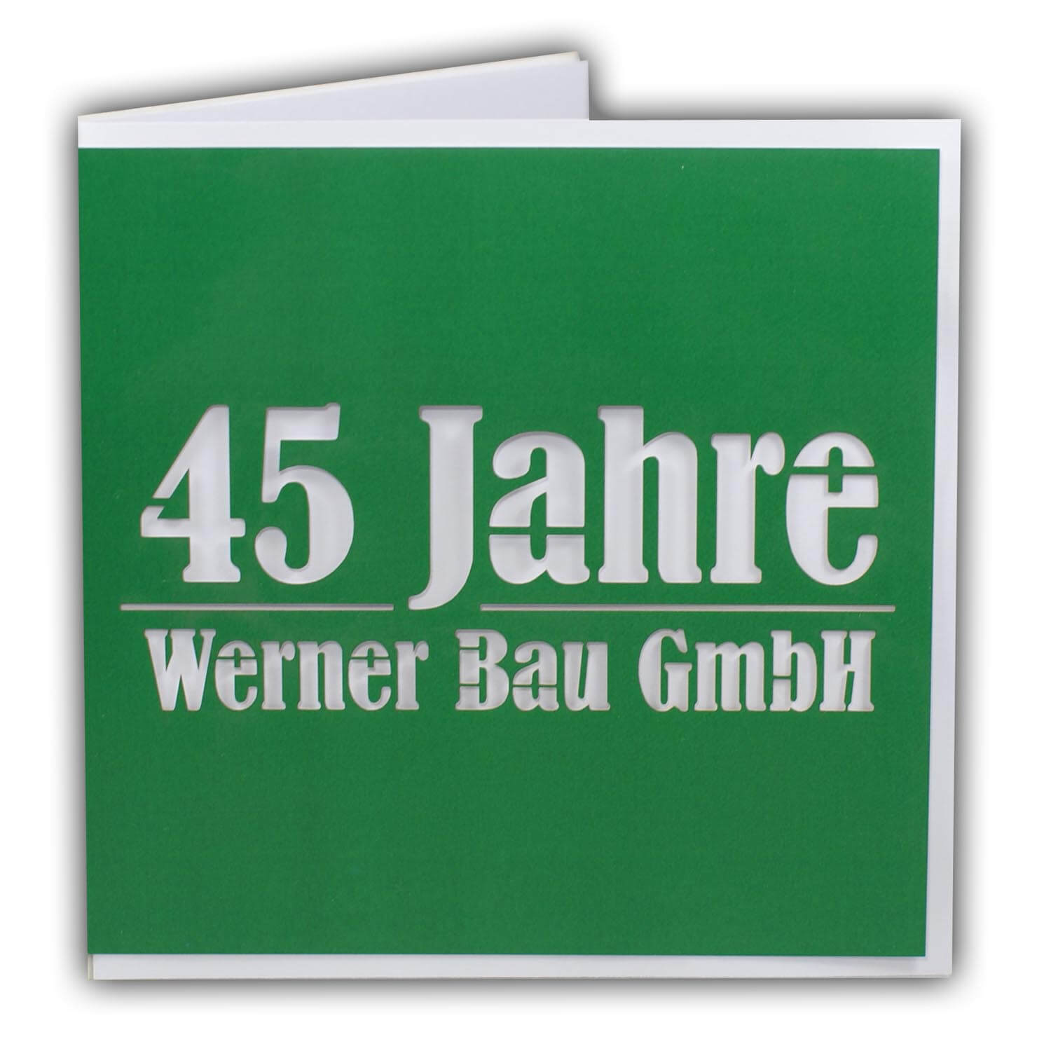 Firmenjubiläumskarte grün / weiß im Beispiel mit 45 Jahren