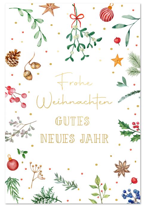 Weihnachtliche Spendenkarte mit Goldfolienprägung und floralem Druck zugunsten Deutsche Krebsgesellschaft