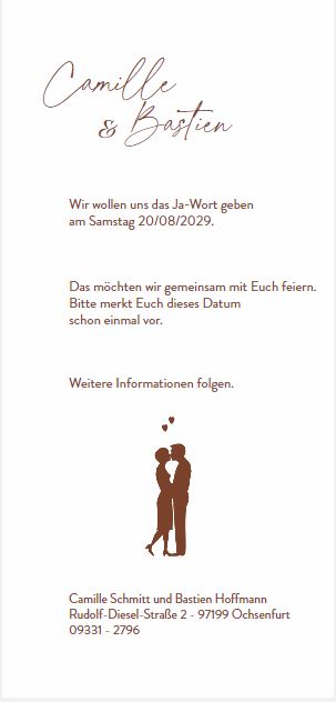 Rückseitendruck Gestaltungsvorschlag Save the Date Karte mit Paar-Silhouette