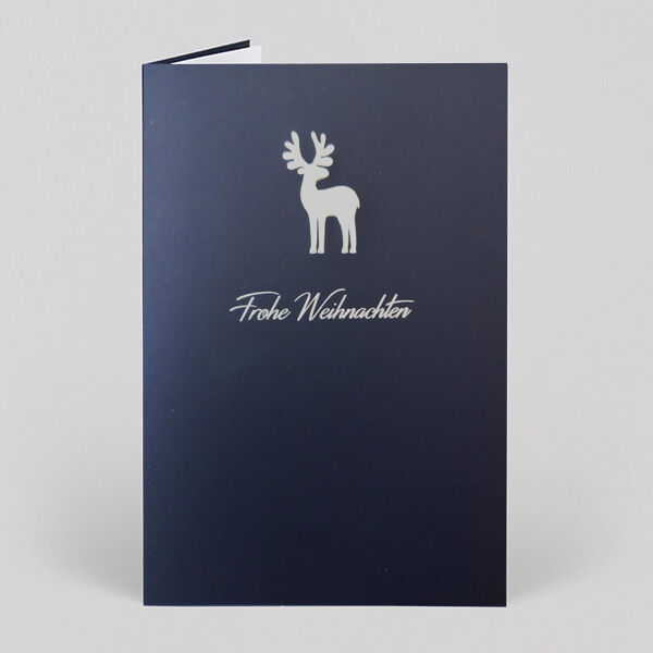 Blaue Weihnachtskarte im modernen Design mit silbernem Hirsch und "Frohe Weihnachten"