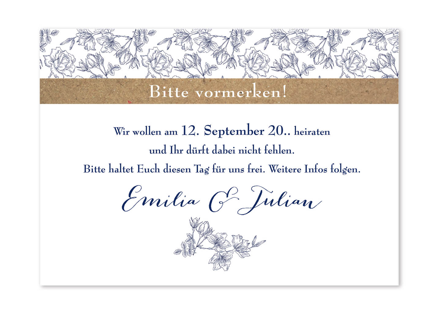 Save the Date Karte im Landhaus-Design blau-weiss-braun mit floralem Druck