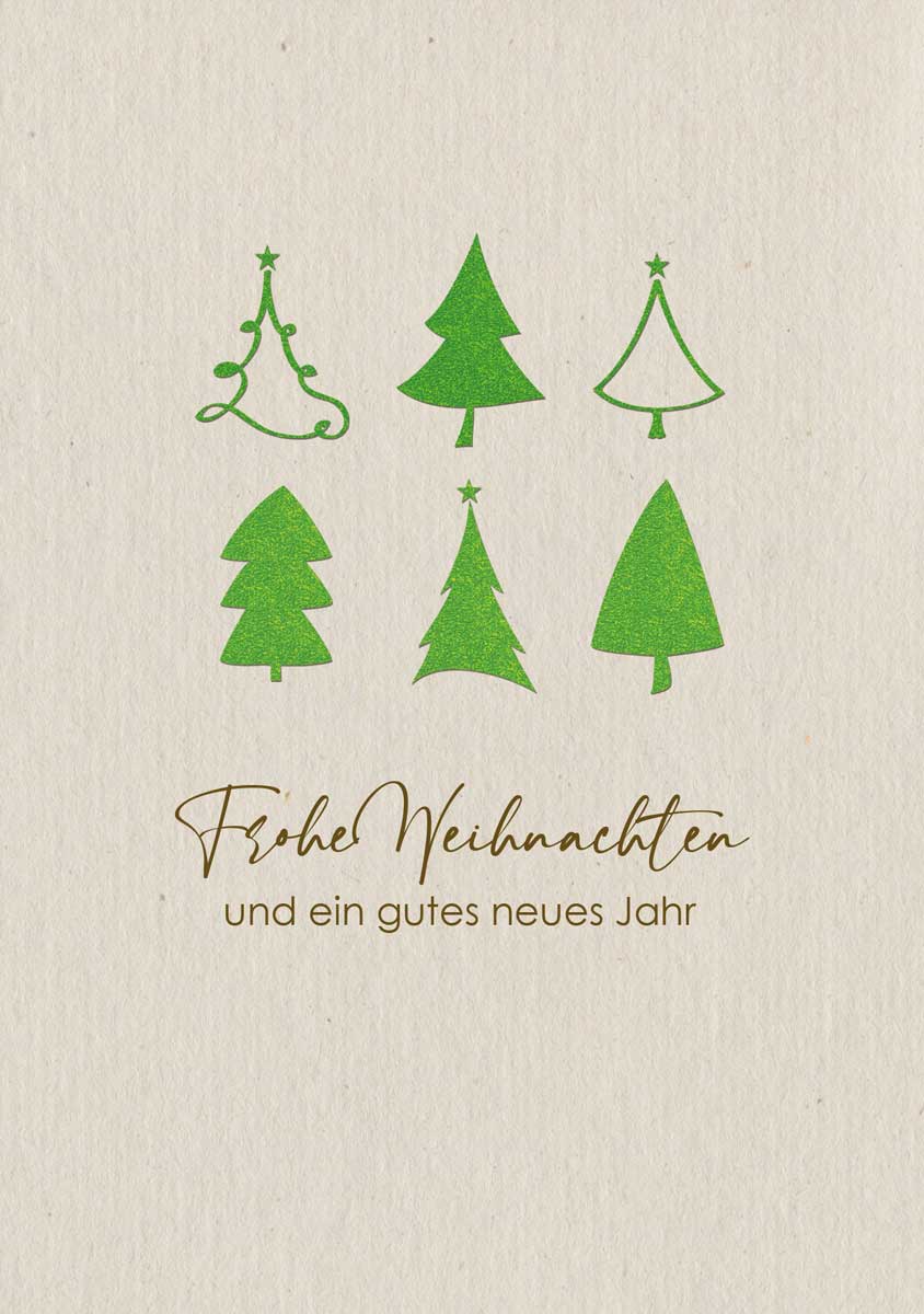Weihnachtliche Grußkarte in grau mit Bäumen und Weihnachtsgruß in grüner und bronzefarbener Prägung, inkl. Einleger