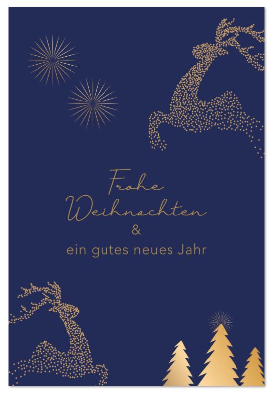 Blaue Weihnachtskarte mit Gruß, springenden Hirschen, Sternen und Weihnachtsbäumen