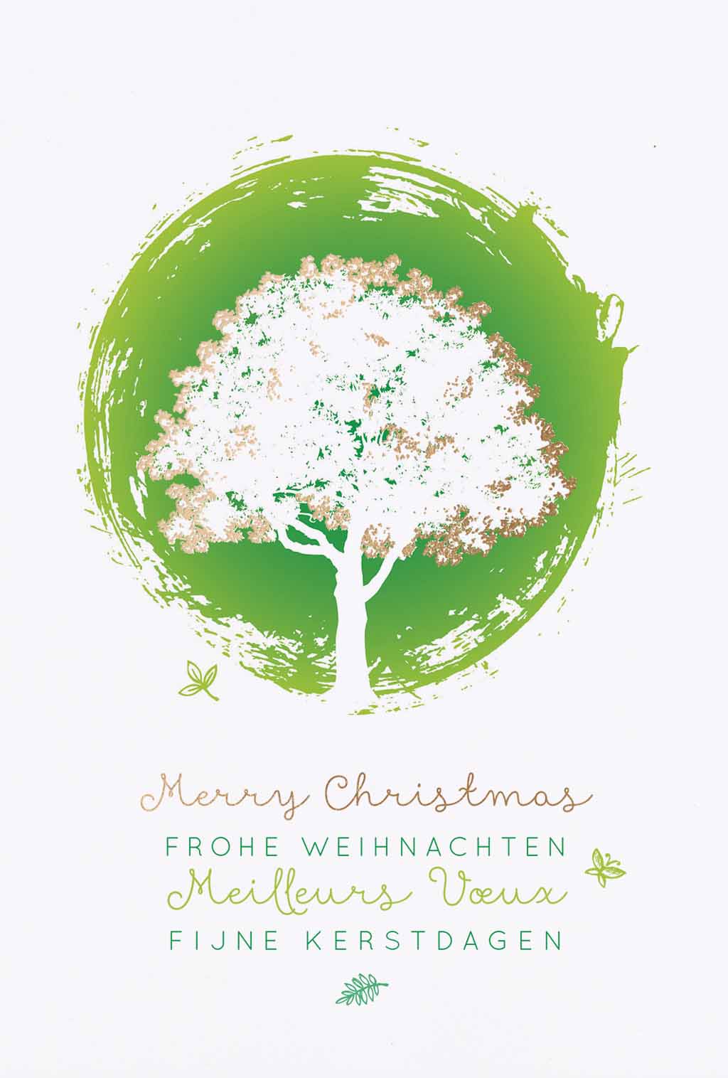 Mehrsprachige Weihnachtskarte mit Baum in grünem Kreis auf weißen Karton