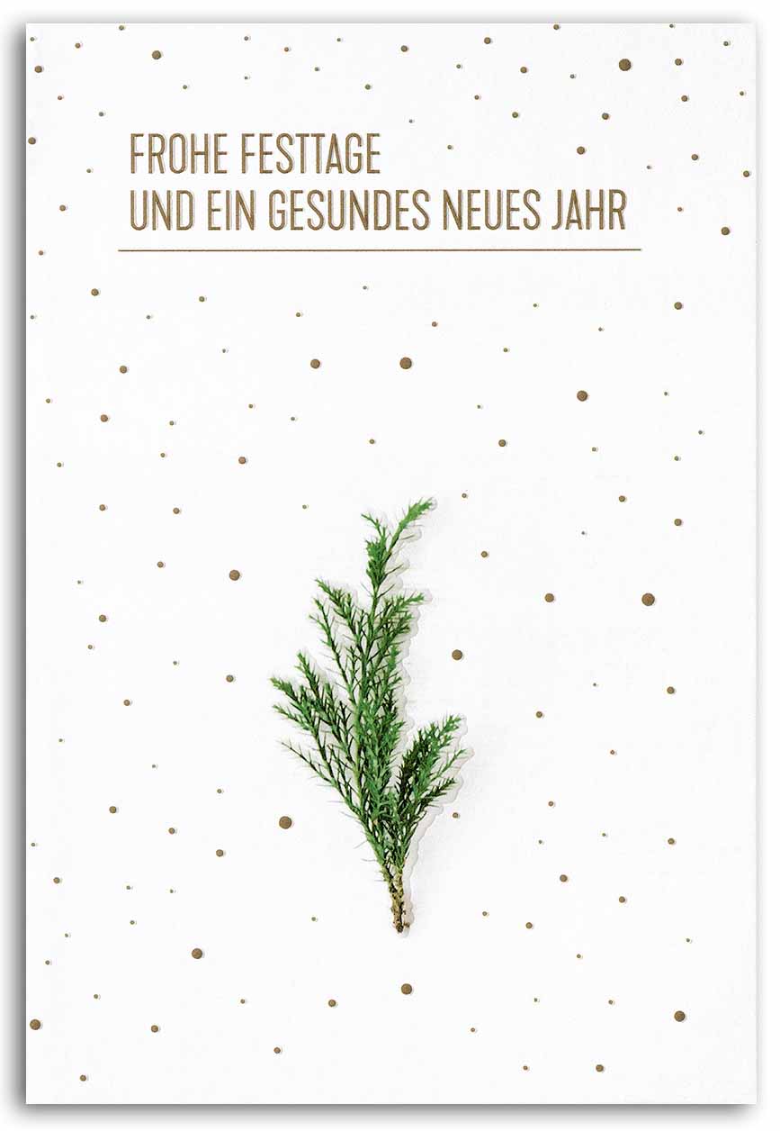 Weiße Weihnachtskarte mit Weihnachts- und Neujahrsgruß sowie grünem Zweig