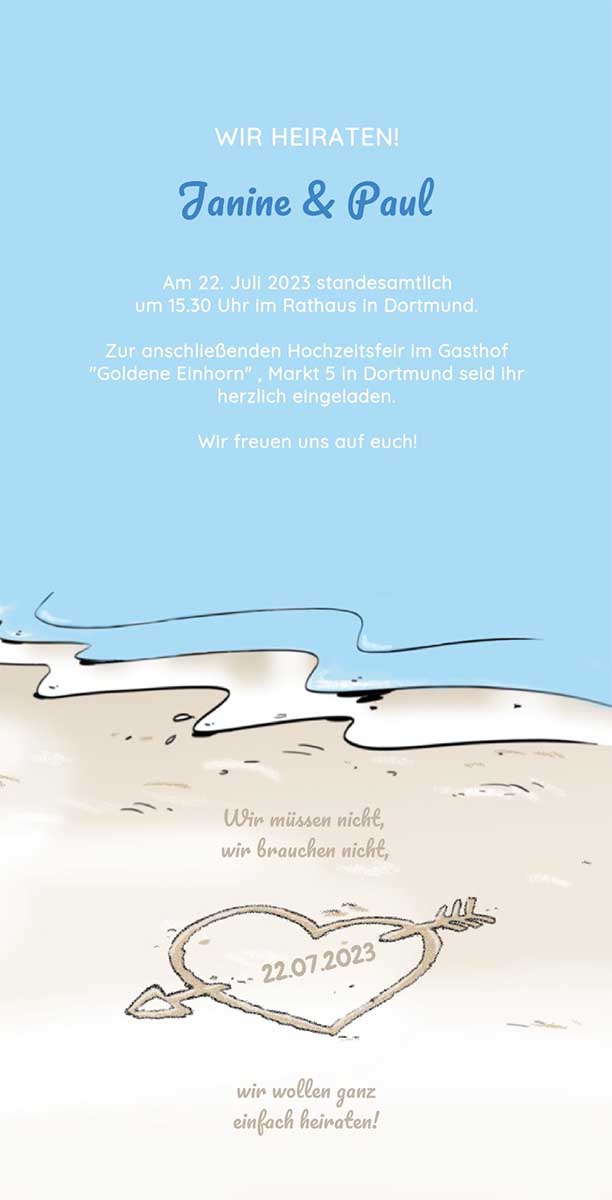 Aufgeklappte Innenseiten der Hochzeitskarte mit Motivdruck "Herz mit Pfeil im Sandstrand" und Beispiel Texteindruck