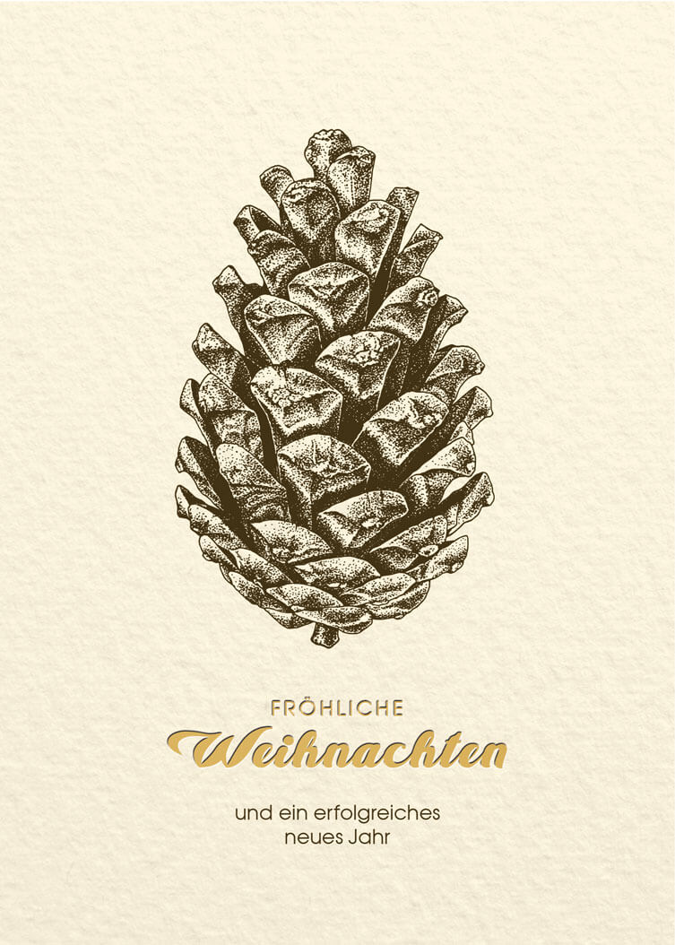 Cremefarbene Weihnachtskarte mit Weihnachtsgruß und großem Tannenzapfen