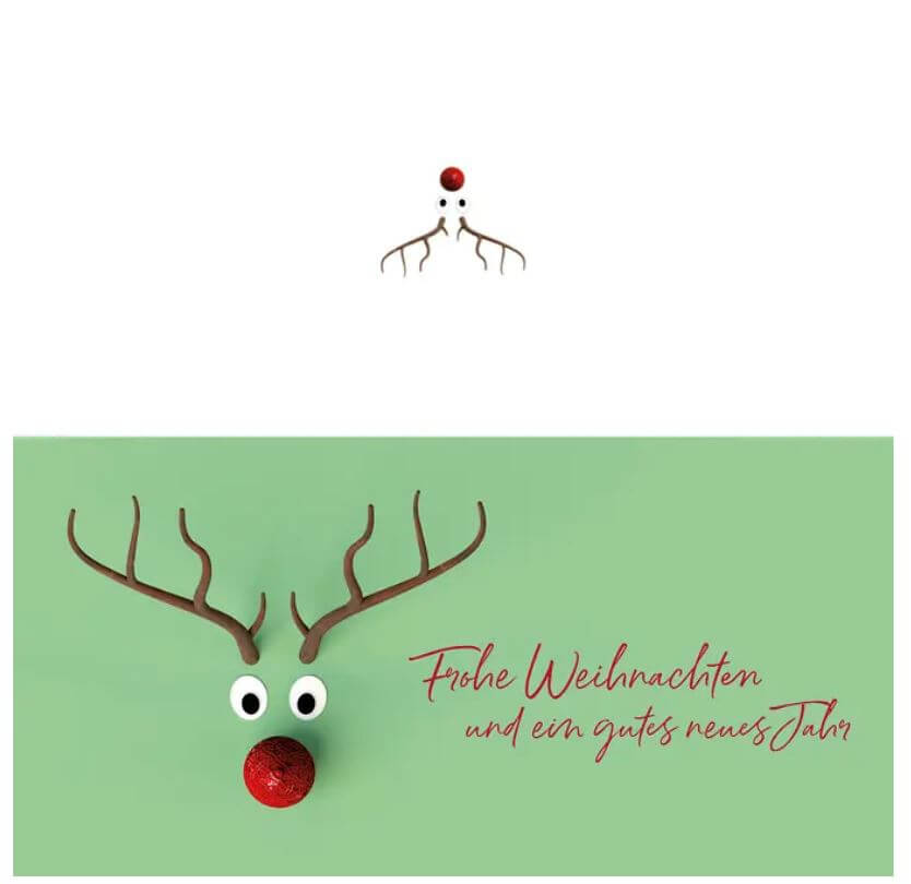 Humorvoller Weihnachtsgruß "Reindeer Greetings" im DIN lang Format mit Rentierkopf