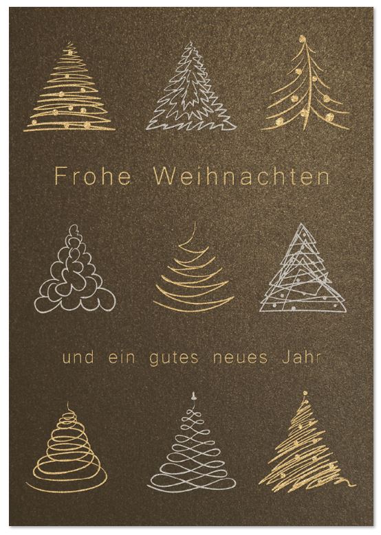 Bronzefarbene Weihnachtskarte mit edler Folienprägung von Bäumen und Weihnachtsgruß