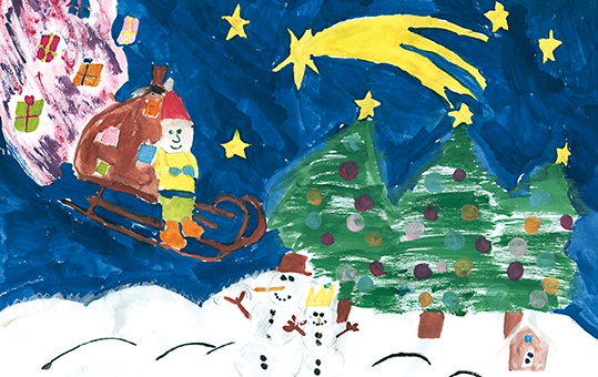 Von Kinderhand gemaltes Bild mit Weihnachtsmann, Schlitten und vielen Geschenken zugunsten Deutsche Kinderkrebshilfe