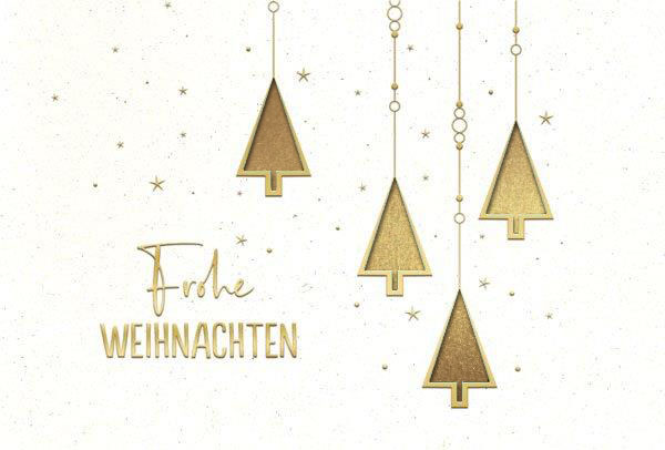 Naturweiße Weihnachtskarte mit "Frohe Weihnachten" und Laserstanzung sowie Einleger in gold