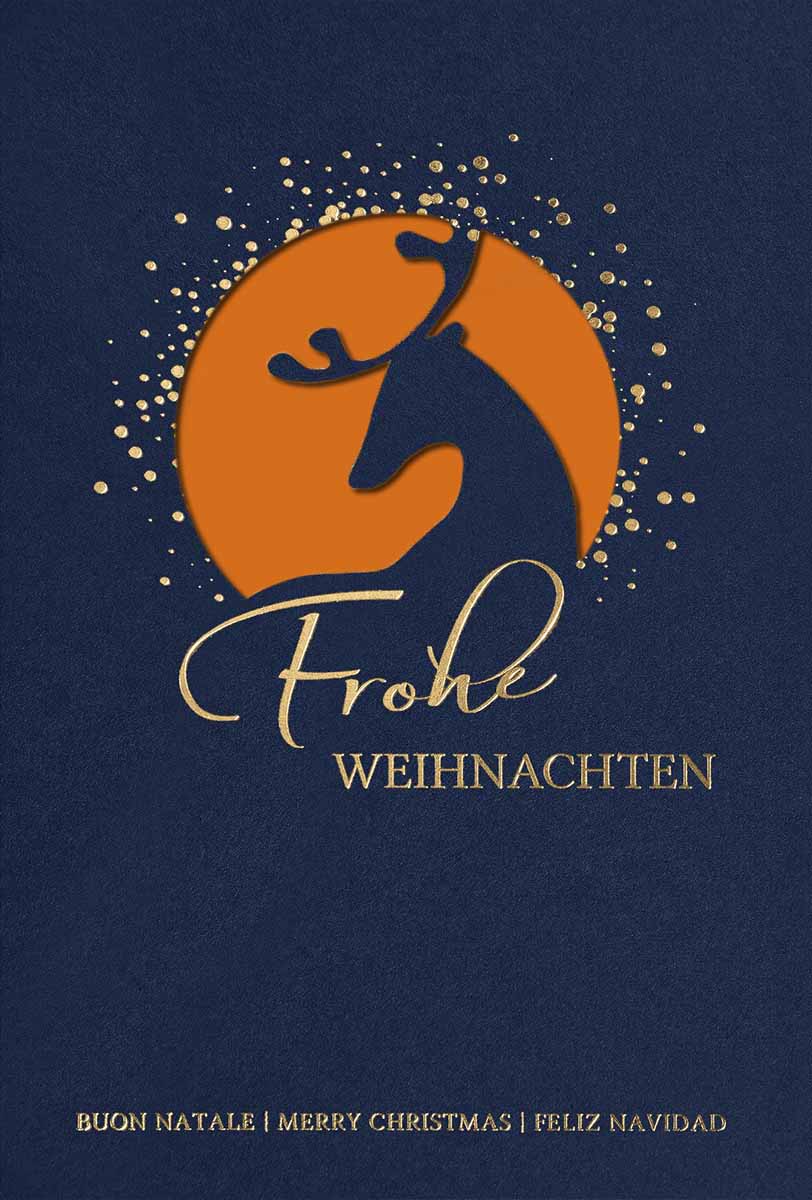 Exclusive Weihnachtskarte mit Stanzung und Goldfolienprägung sowie orangenem Einlegeblatt