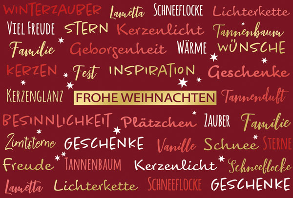 Rote Weihnachtskarte mit Weihnachtsgruß "Frohe Weihnachten" und positiven Schlagworten