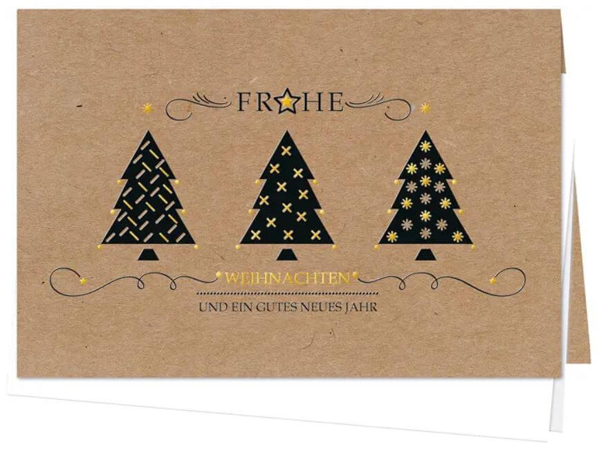 Naturbraune Weihnachtskarte mit Einlegeblatt und edler Folienprägung in schwarz und gold