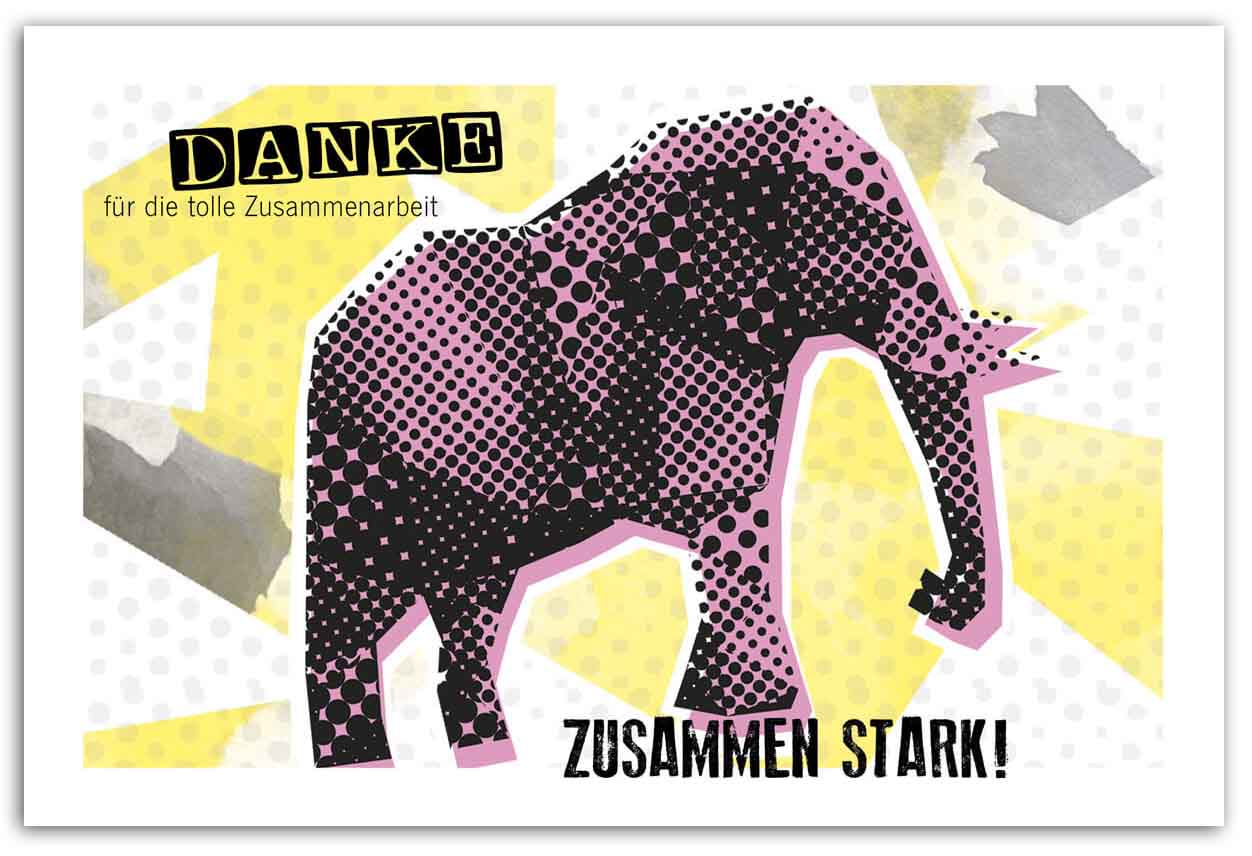 Moderne Firmendankkarte "Zusammen Stark!" mit Dank für Zusammenarbeit und Elefant