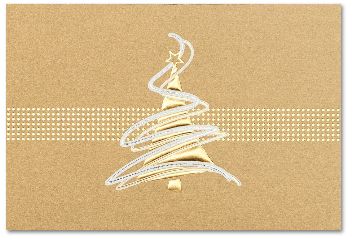 Weihnachtskarte altgold mit abstraktem Weihnachtsbaum auf Metallic-Karton