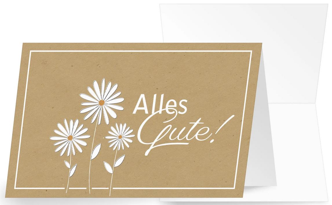 Grußkarte in braun mit weißem Schriftzug "Alles Gute!" und drei weißen Blüten