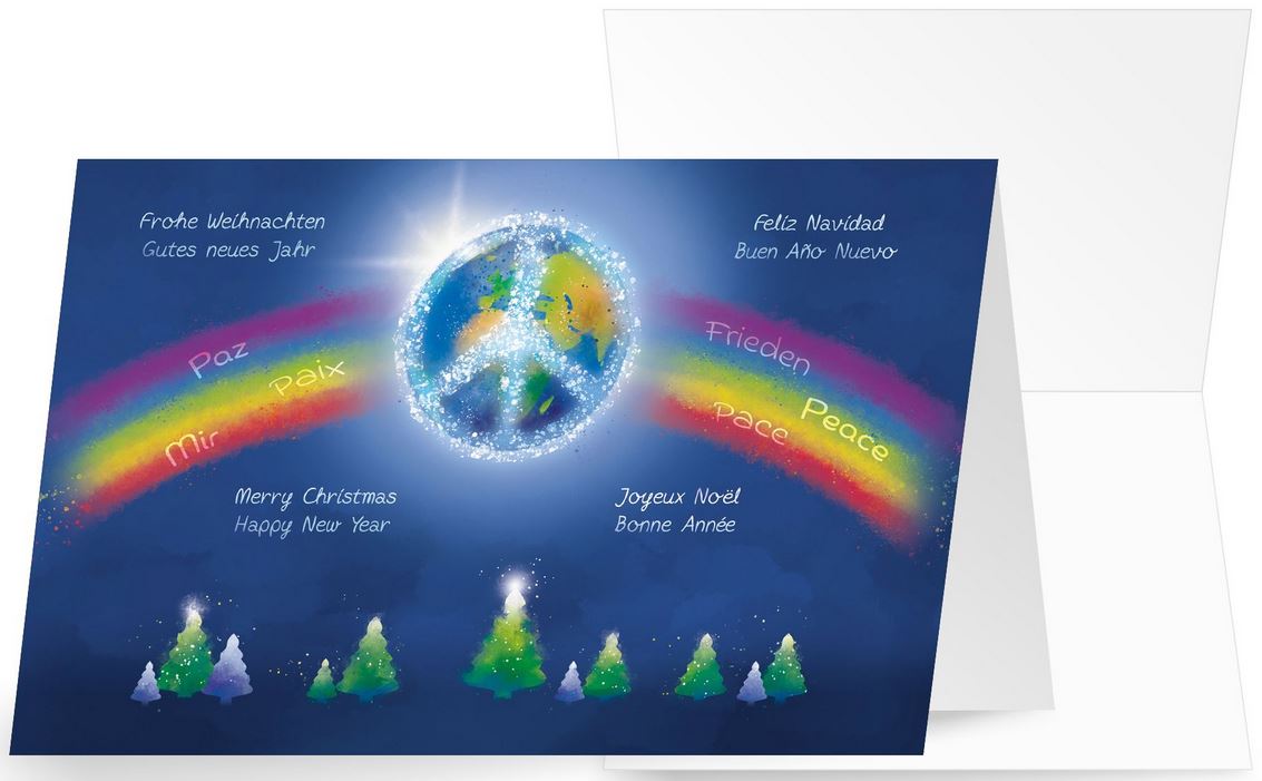 Internationale Weihnachtskarte mit Peace-Zeichen über der Erdkugel und Regenbogen in bunten Farben