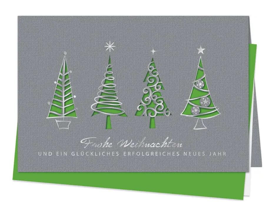 Exclusive Laser-Art Weihnachtskarte in graublau mit grünem Einleger und geschäftlichem Gruß