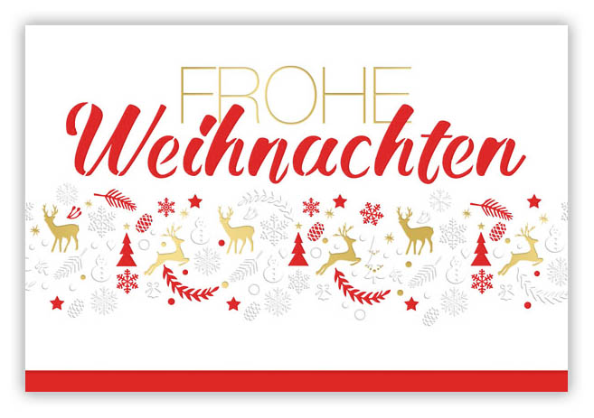 Weihnachtskarte in weiß mit rotem Falteinlegeblatt, Goldfolienprägung und Laserstanzung