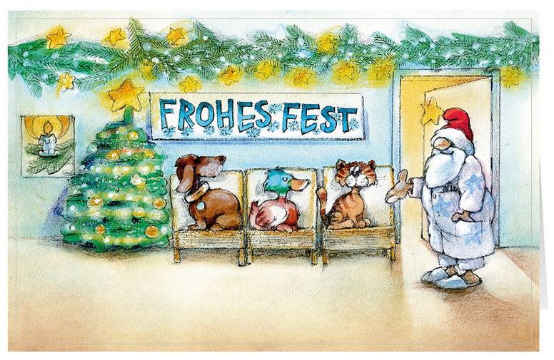 Putzige Branchenweihnachtskarte mit Hund, Katze und Ente beim Tierarzt sowie Gruß "Frohes Fest"