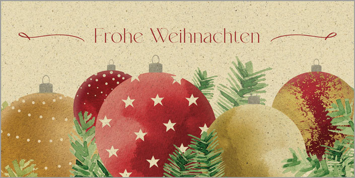 Weihnachtliche Grußkarte DIN lang mit bunten Weihnachtskugeln, "Frohe Weihnachten" und Einleger innen