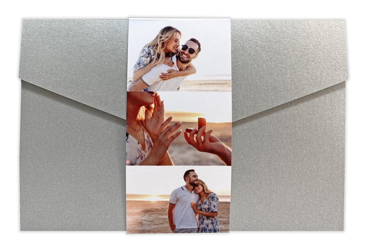 Pocketfold-Einladungskarte in anthrazit Metallic mit eigenen Fotos und mehreren Einlegekarten innen